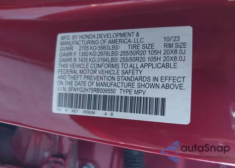 2024 Honda Pilot Touring z USA, uszkodzony, nr VIN 5FNYG2H75RB006550